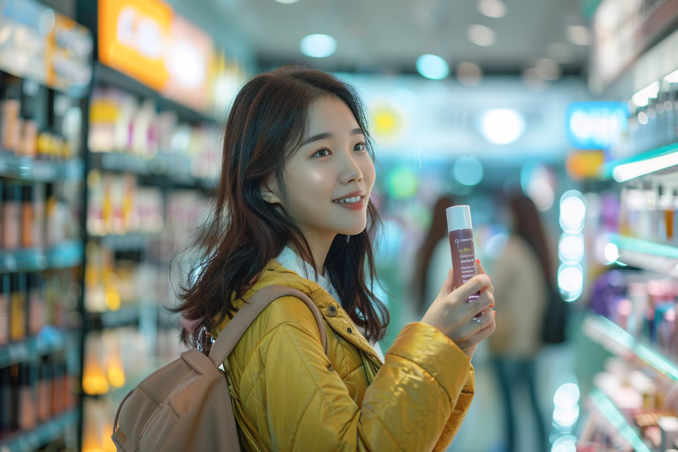 A stylish Korean woman smiling while shopping for K-beauty skincare products inside a bright Olive Young store in Seoul. The shelves are filled with colorful Korean cosmetics.