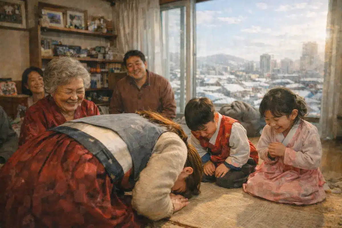 A candid photograph showing a smiling expat woman wearing a hanbok vest, tossing yutnori sticks mid-air while laughing with an older Korean couple and two children. They are seated around a low wooden table filled with traditional Seollal foods like tteokguk (rice cake soup), various jeon (pancakes), and hangwa (sweets) in a brightly lit Korean apartment living room. The atmosphere is joyful and warm.