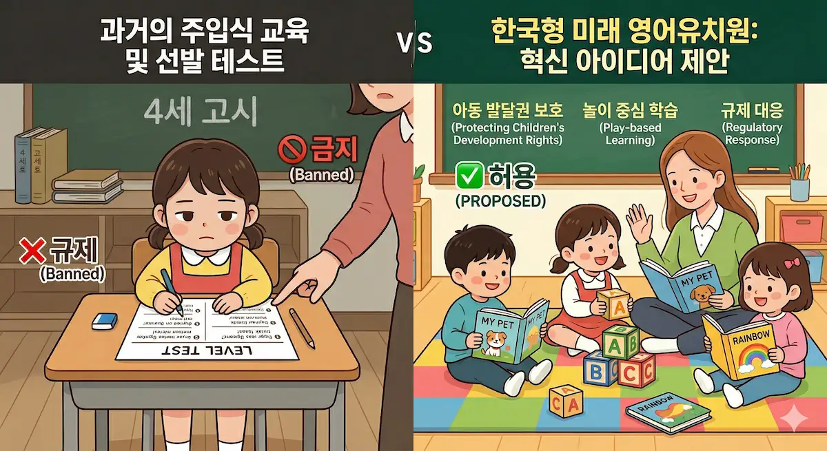 주입식 레벨테스트(규제)와 놀이 중심 영어 수업(권장)을 비교한 영어유치원 수업 방식 일러스트