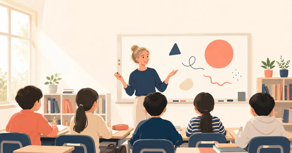 Illustration of an energetic English teacher leading young students in a Korean hagwon classroom