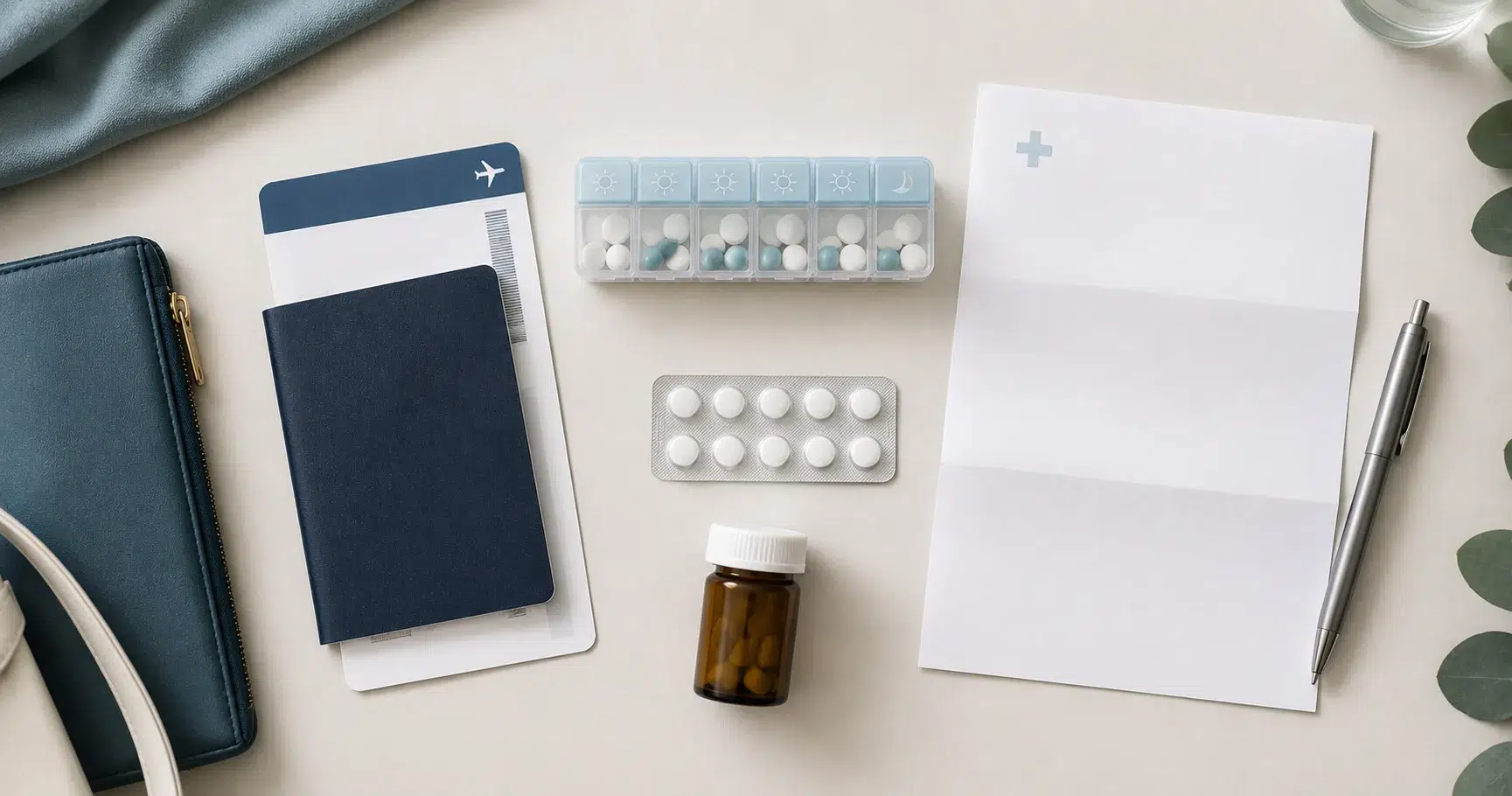 Passport, boarding pass and a doctor's letter beside a plain medicine box — preparing to bring ADHD medication to Korea on an E-2 visa