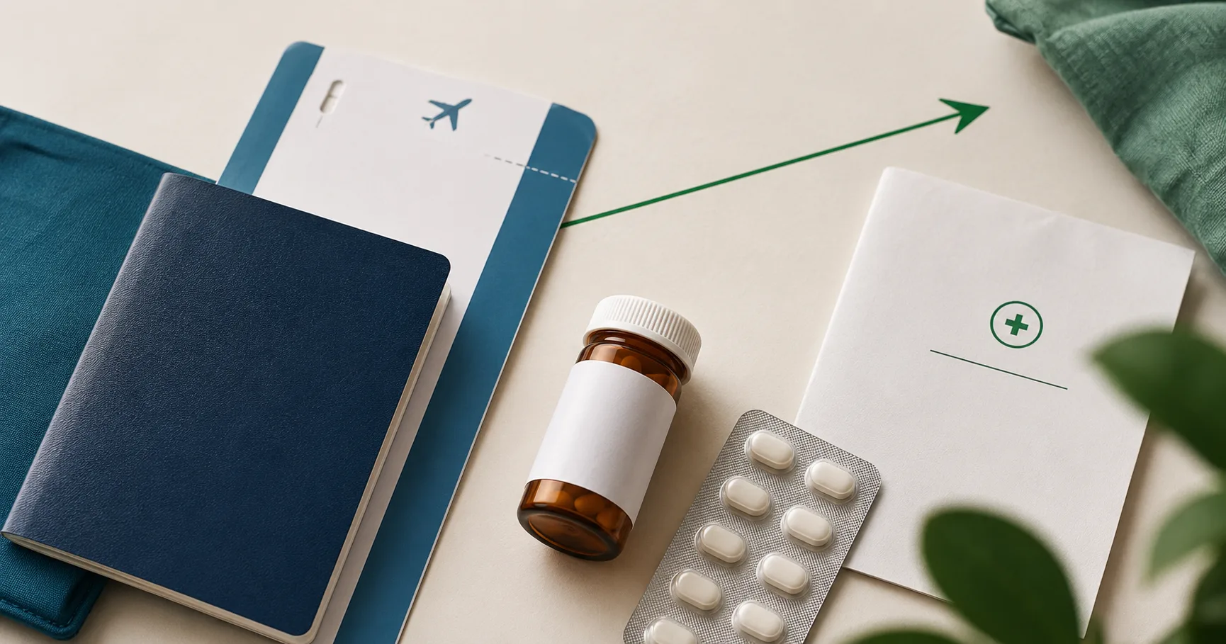 Passport, boarding pass and a labelled prescription bottle on a desk — bringing antidepressant medication to Korea as an English teacher