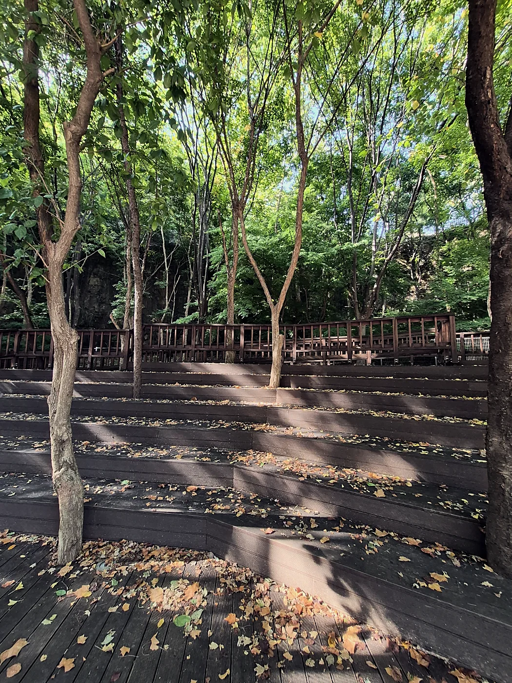 Seoul Trail Course 4: Mangu-Yongmasan 24 Tiered wooden deck seating under trees